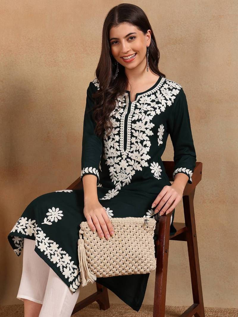 women green rayon blend solid embroidered chikankari straight Only Kurta