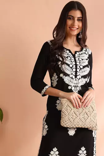 women black rayon solid embroidered straight kurta