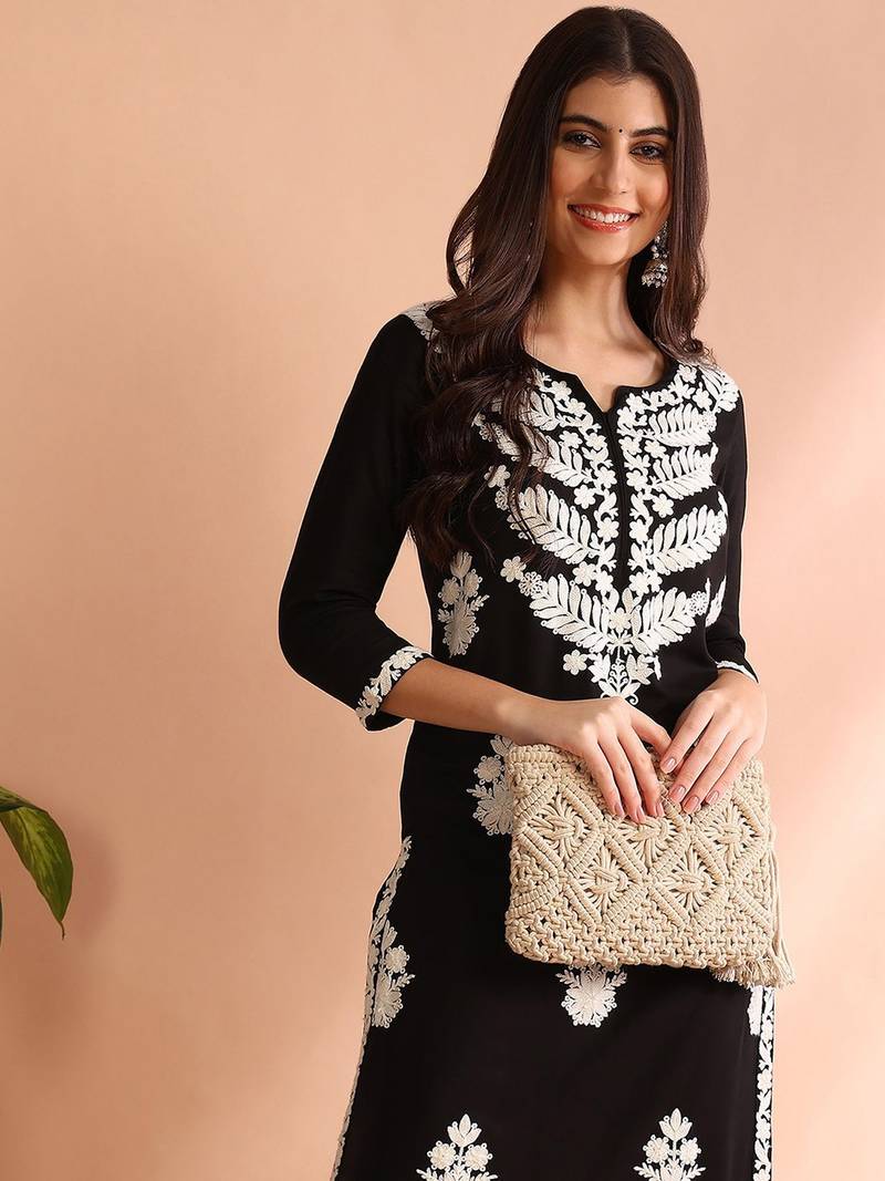 women black rayon solid embroidered straight kurta