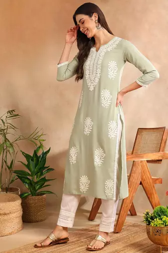 women green rayon blend solid embroidered chikankari straight kurta
