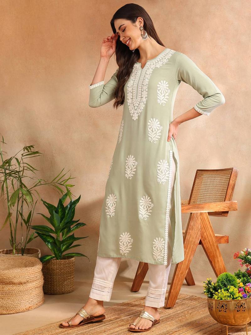 women green rayon blend solid embroidered chikankari straight kurta