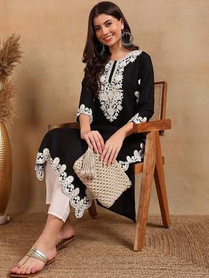 women black rayon blend solid embroidered chikankari straight kurta 6