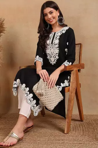 women black rayon blend solid embroidered chikankari straight kurta