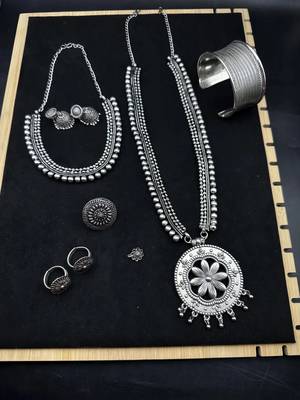 Oxidised silver choker necklace jewelry set of 7 long necklace set, ethnic jewelry, temple jewelry 1