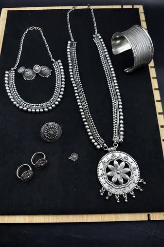 Oxidised silver choker necklace jewelry set of 7 long necklace set, ethnic jewelry, temple jewelry