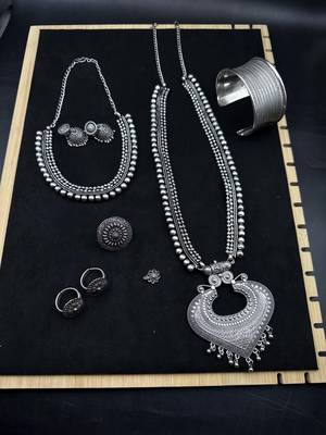 Oxidised silver choker necklace jewelry set of 7 long necklace set, ethnic jewelry, temple jewelry 1