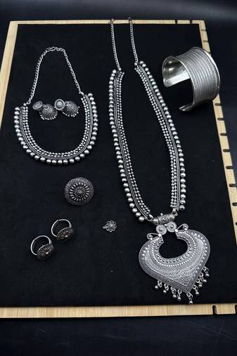 Oxidised silver choker necklace jewelry set of 7 long necklace set, ethnic jewelry, temple jewelry