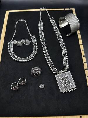 Silver choker necklace oxidised jewelry set of 7 long necklace set with jhumka ring 1