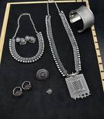 Silver choker necklace oxidised jewelry set of 7 long necklace set with jhumka ring