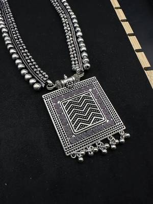Silver choker necklace oxidised jewelry set of 7 long necklace set with jhumka ring 2