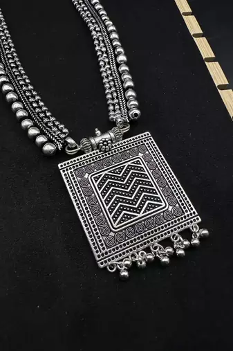 Silver choker necklace oxidised jewelry set of 7 long necklace set with jhumka ring
