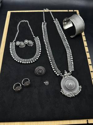 Silver choker necklace oxidised jewelry set of 7 long necklace set with jhumka ring 1