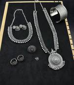 Silver choker necklace oxidised jewelry set of 7 long necklace set with jhumka ring