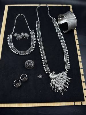 Silver choker necklace oxidised jewelry set of 7 long necklace set with jhumka ring peacock necklace 1
