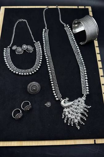 Silver choker necklace oxidised jewelry set of 7 long necklace set with jhumka ring peacock necklace