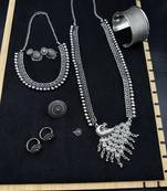 Silver choker necklace oxidised jewelry set of 7 long necklace set with jhumka ring peacock necklace