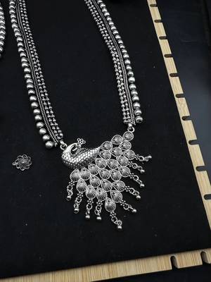 Silver choker necklace oxidised jewelry set of 7 long necklace set with jhumka ring peacock necklace 2