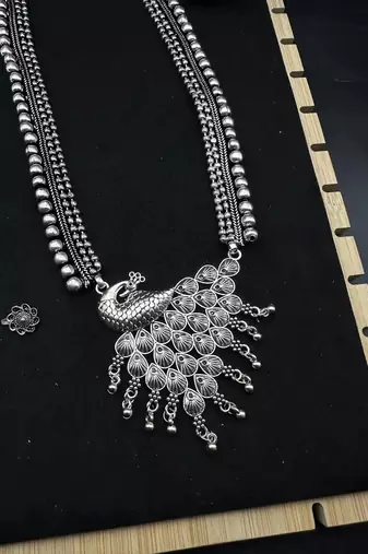 Silver choker necklace oxidised jewelry set of 7 long necklace set with jhumka ring peacock necklace