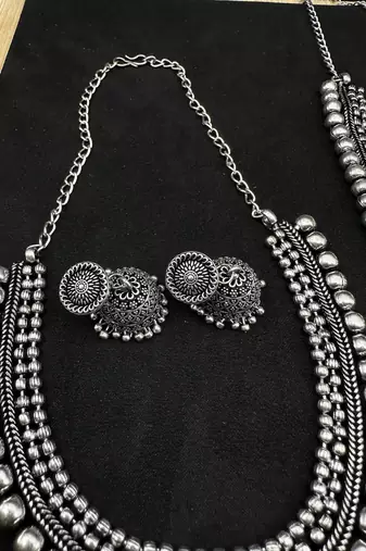 Silver choker necklace oxidised jewelry set of 7 long necklace set with jhumka ring peacock necklace