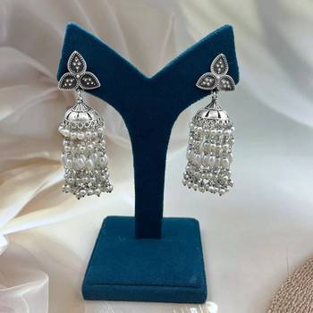 Dazzling oxidized silver pearl jhumka earrings - indian wedding jewelry antique partywear jhumka earrings with saree 1
