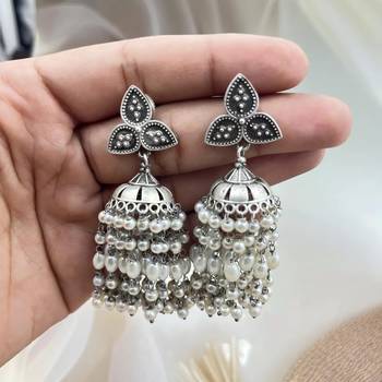 Dazzling oxidized silver pearl jhumka earrings - indian wedding jewelry antique partywear jhumka earrings with saree 2