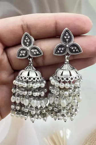 Dazzling oxidized silver pearl jhumka earrings - indian wedding jewelry antique partywear jhumka earrings with saree