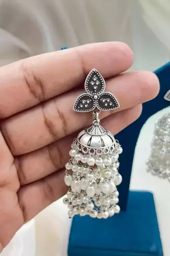 Dazzling oxidized silver pearl jhumka earrings - indian wedding jewelry antique partywear jhumka earrings with saree