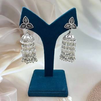 Dazzling oxidized silver pearl jhumka earrings - indian wedding jewelry antique partywear jhumka earrings with saree 4
