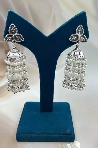 Dazzling oxidized silver pearl jhumka earrings - indian wedding jewelry antique partywear jhumka earrings with saree