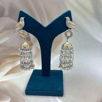 Antique silver oxidized bird jhumka earrings with pearl drops dual tone long earrings 1