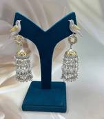 Antique silver oxidized bird jhumka earrings with pearl drops dual tone long earrings