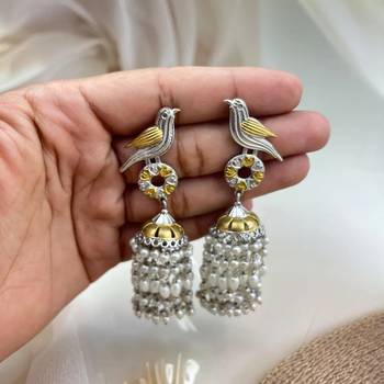 Antique silver oxidized bird jhumka earrings with pearl drops dual tone long earrings 2