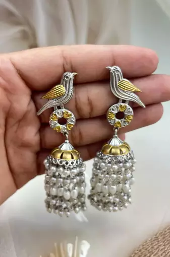 Antique silver oxidized bird jhumka earrings with pearl drops dual tone long earrings