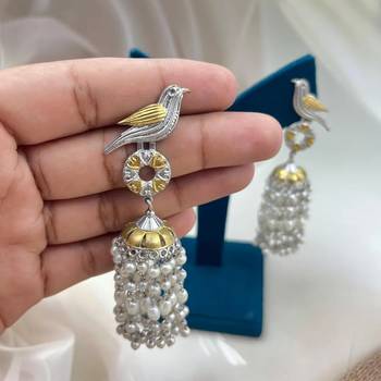 Antique silver oxidized bird jhumka earrings with pearl drops dual tone long earrings 3