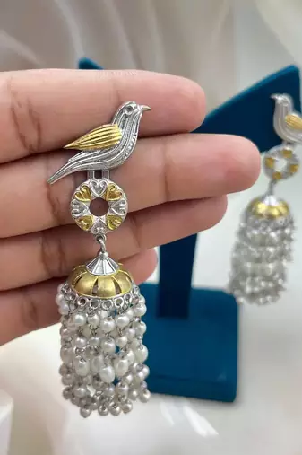 Antique silver oxidized bird jhumka earrings with pearl drops dual tone long earrings