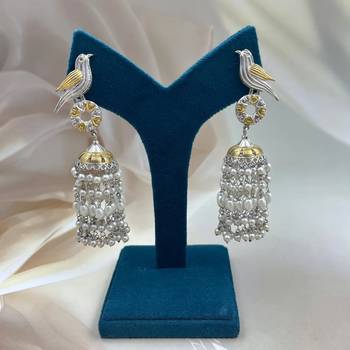 Antique silver oxidized bird jhumka earrings with pearl drops dual tone long earrings 4