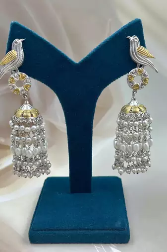 Antique silver oxidized bird jhumka earrings with pearl drops dual tone long earrings