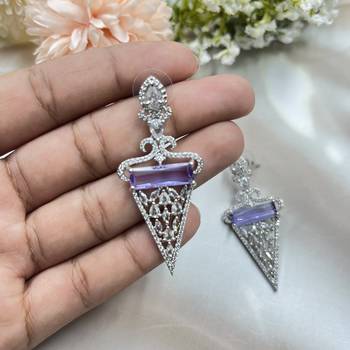 Amethyst drop earrings, cubic zircon statement earrings, crystal jewelry triangle dangle earrings with crystal accents 2
