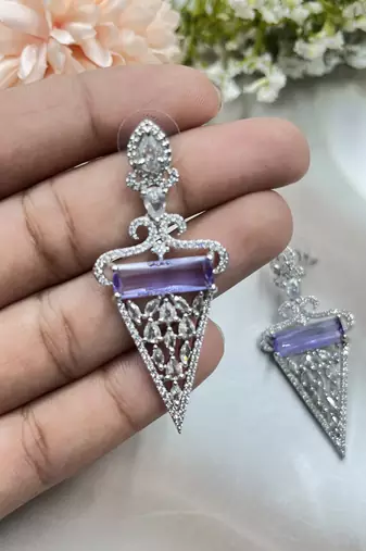 Amethyst drop earrings, cubic zircon statement earrings, crystal jewelry triangle dangle earrings with crystal accents