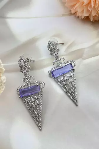 Amethyst drop earrings, cubic zircon statement earrings, crystal jewelry triangle dangle earrings with crystal accents