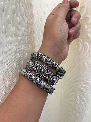 Set of 3 kada bangles set antique silver hand silver plated kada bracelet silver look openable broad bracelet 2