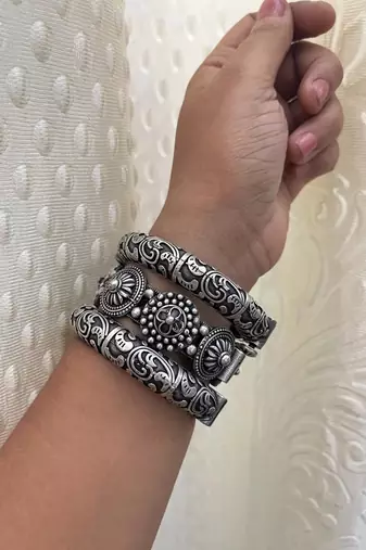 Set of 3 kada bangles set antique silver hand silver plated kada bracelet silver look openable broad bracelet