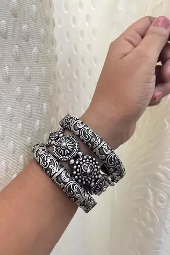 Set of 3 kada bangles set antique silver hand silver plated kada bracelet silver look openable broad bracelet