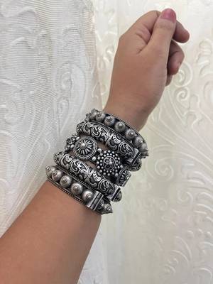Antique silver bangles set hand silver plated kada bracelet silver look openable kada broad bracelet 1