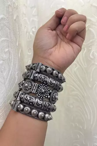 Antique silver bangles set hand silver plated kada bracelet silver look openable kada broad bracelet