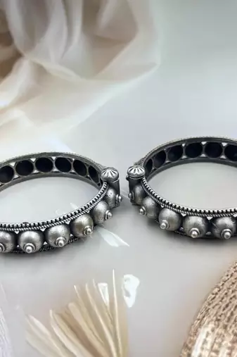 Antique silver bangles set hand silver plated kada bracelet silver look openable kada broad bracelet