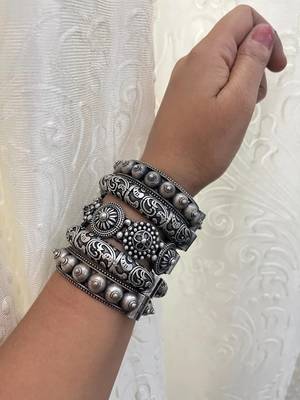Antique silver bangles set hand silver plated kada bracelet silver look openable kada broad bracelet 5