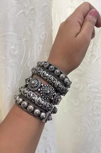 Antique silver bangles set hand silver plated kada bracelet silver look openable kada broad bracelet