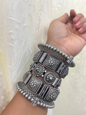 Kada set of 5 antique bangle indian vintage hand jewellery silver plated hand kada bracelet silver look openable kada 2