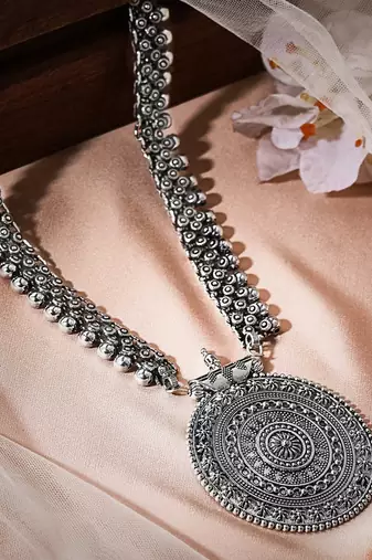 Oxidised silver-plated stone-studded necklace